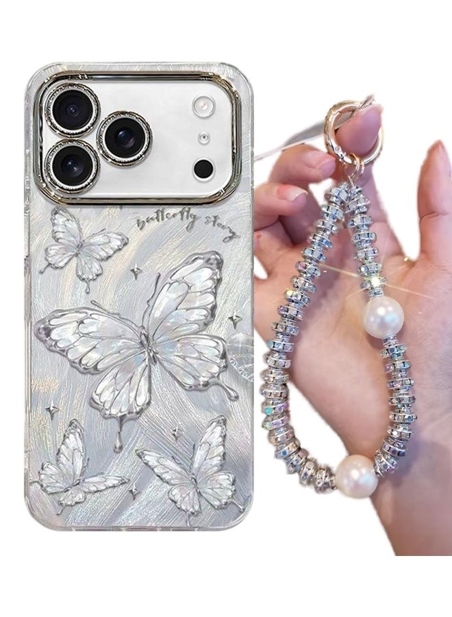 Case for iPhone 17 Pro Max，Shiny Full Camera Lens Protector，Cute Butterfly Pattern，Sparkly Pearl Wrist Strap，Bling Shockproof iPhone 17 Pro Max Cover for Women Girls Gift - Image 2