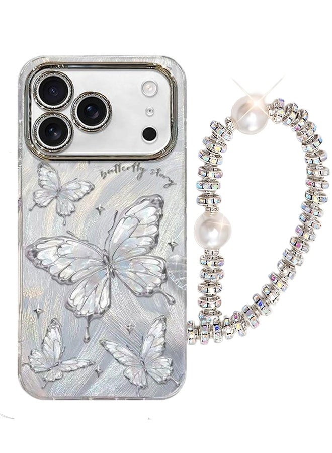 Case for iPhone 17 Pro Max，Shiny Full Camera Lens Protector，Cute Butterfly Pattern，Sparkly Pearl Wrist Strap，Bling Shockproof iPhone 17 Pro Max Cover for Women Girls Gift - Image 1