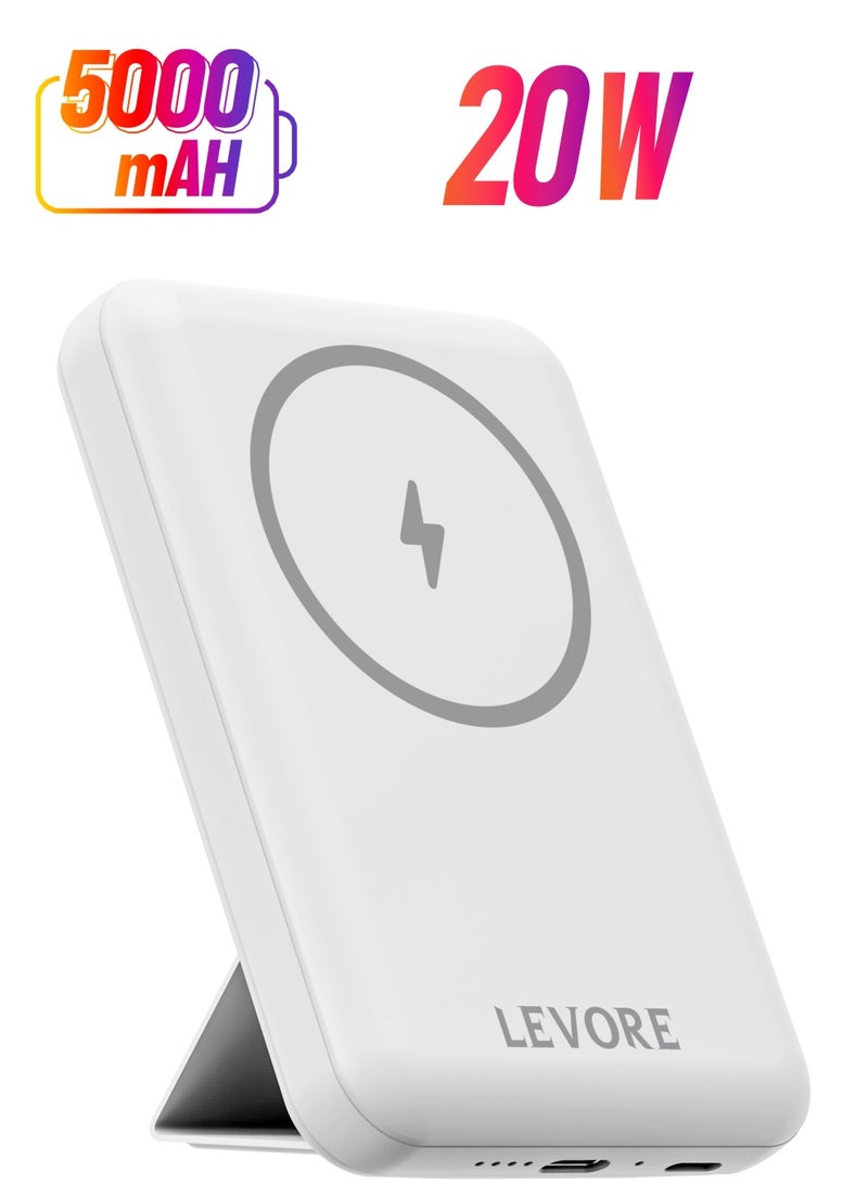 ليفور باور بانك مغناطيسي لاسلكي من ليفور 5000 مللي أمبير ، شحن سريع USB-C PD20W ، 15 وات - أبيض - Image 1