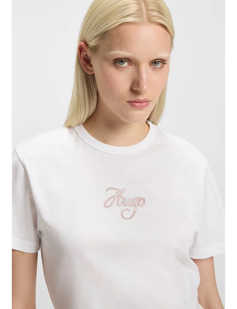 HUGO White Cotton-jersey T-shirt with glitter-print details for Women | Best Price UAE
