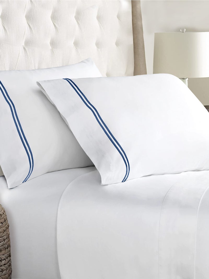 LINENWALAS 400 TC White Bedsheet Cotton with 1 Marrow Embroidery Pillow Covers|Softest Long Staple 100% Cotton Silky Soft - Single (60"x90") - Blue Marrow Embroidery - Image 1