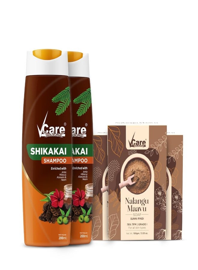 Vcare Shikkakai Shampoo (200ml, Pack of 2) | Nalangu Maavu Soap (100g, Pack of 3) Combo for Healthy Hair | Glowing Skin - Image 1