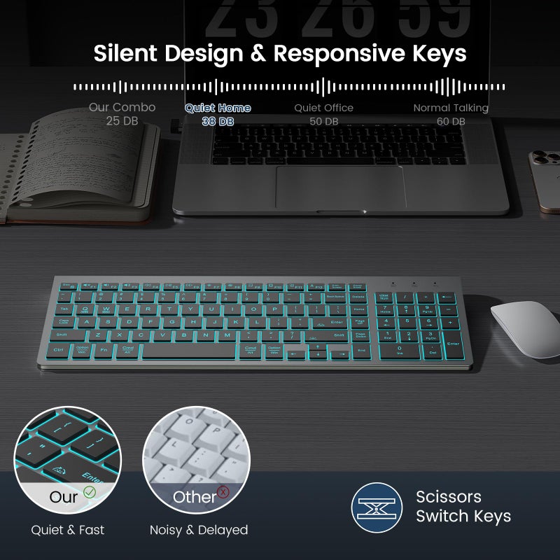 SABLUTE Wireless Keyboard with 7 Colored Backlits, Rechargeable Silent Compact Cordless Computer Keyboard with Low Profile Quiet Light Up Keys for Windows, PC, Linux, Chrome, Mac (Grey) - Image 5
