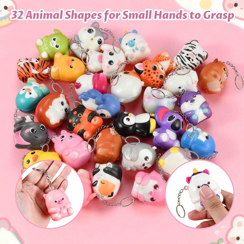 GOLDGE 32 Pcs Squishy Animal Keychains - Colorful Party Favors, Goodie Bag, Pinata Stuffers, Classroom, Carnival Prizes, Treasure Box Toys for Kids (32 Pcs Squishy Animal Keychains) - Image 4