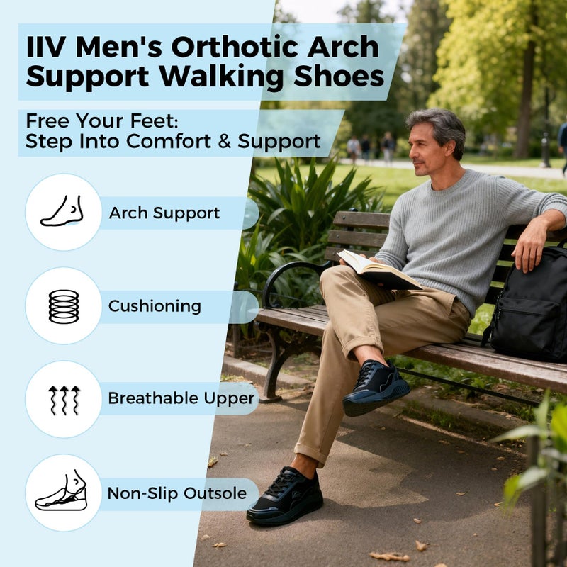 IIV Men's Orthotic Walking Shoes with Arch Support for Plantar Fasciitis & Flat Feet | Shock Absorbing Work Sneakers for Knee, Heel, Ankle Pain Relief & Daily Comfort Black - Image 3