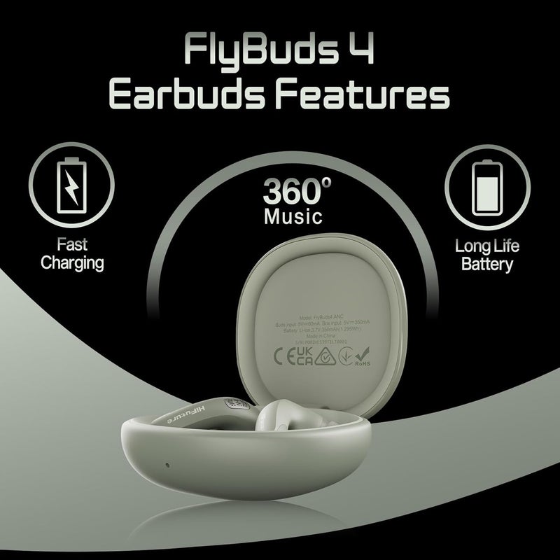 HiFuture FlyBuds4 True Wireless Earbuds with ANC, 4 Mics, 30H Playtime, Bluetooth 5.4, Graphite-Inspired Sound, Waterproof, Secure Fit, Noise Cancelling Earbuds, Green - Image 3
