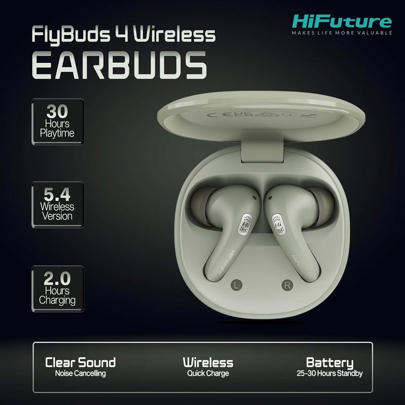 HiFuture FlyBuds4 True Wireless Earbuds with ANC, 4 Mics, 30H Playtime, Bluetooth 5.4, Graphite-Inspired Sound, Waterproof, Secure Fit, Noise Cancelling Earbuds, Green - Image 2