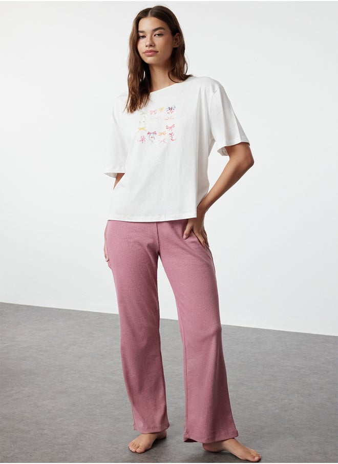 trendyol - White-Pink Ribbon/Bow Printed Top Single Jersey Bottom Camisole Knitted Pajama Set THMAW25PT00018 - Image 1