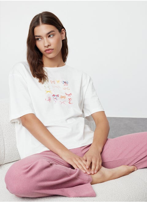 White-Pink Ribbon/Bow Printed Top Single Jersey Bottom Camisole Knitted Pajama Set THMAW25PT00018