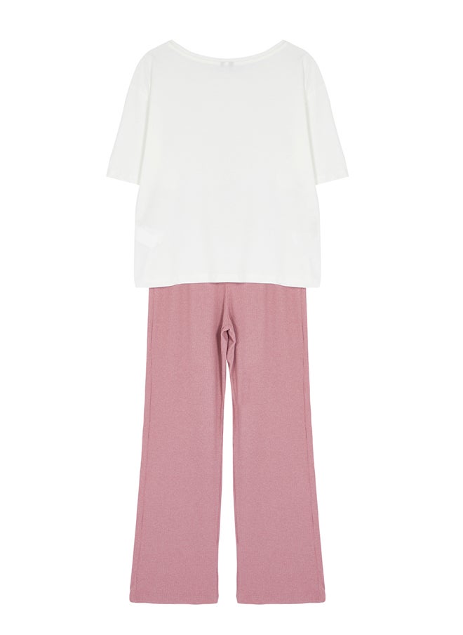 trendyol - White-Pink Ribbon/Bow Printed Top Single Jersey Bottom Camisole Knitted Pajama Set THMAW25PT00018 - Image 1