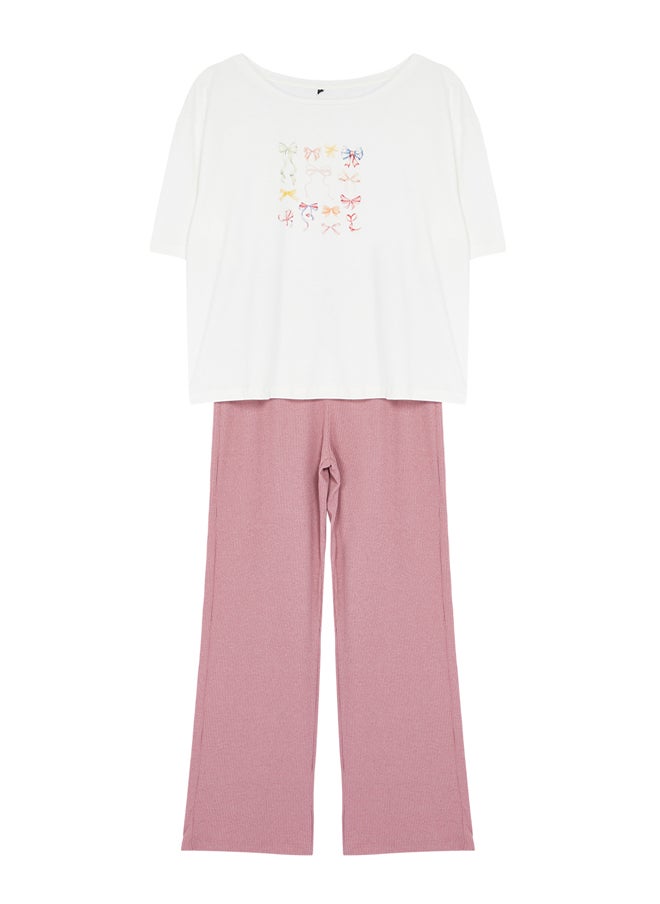 trendyol - White-Pink Ribbon/Bow Printed Top Single Jersey Bottom Camisole Knitted Pajama Set THMAW25PT00018 - Image 1