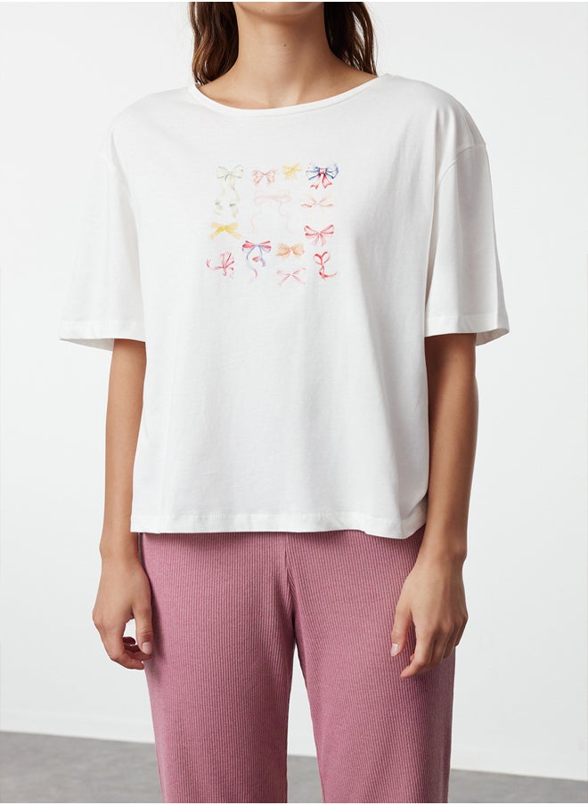 trendyol - White-Pink Ribbon/Bow Printed Top Single Jersey Bottom Camisole Knitted Pajama Set THMAW25PT00018 - Image 1