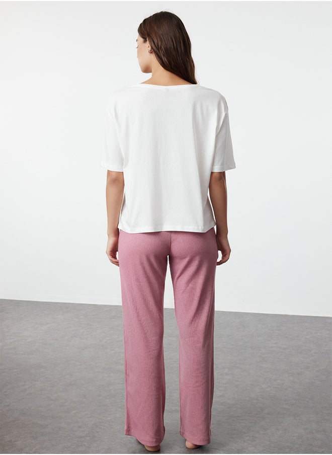 trendyol - White-Pink Ribbon/Bow Printed Top Single Jersey Bottom Camisole Knitted Pajama Set THMAW25PT00018 - Image 1