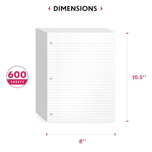 Alitte Loose Leaf Paper, College Ruled, 600 Sheets (150/Pack) Filler Paper for Writing Notes - School, College, Office 3 Hole-Punch Lined Sheets for Ring Binders, Pocket Folders - White, 8 x 10.5 - Image 3