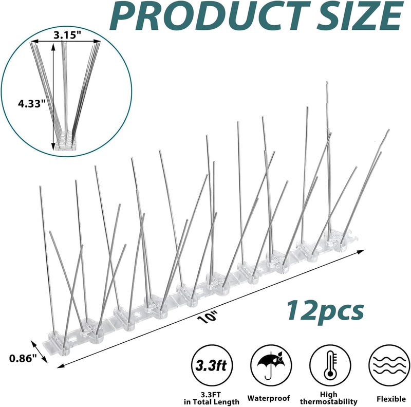 ALANX Bird Spikes 12 pcs Anti Bird Pigeon Deterrent Stainless Steel Spikes Strip for Railing and Roof Fence Window 11x7x25cm (12) - Image 2
