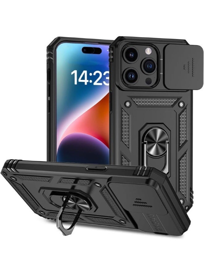جراب مغناطيسي متوافق مع iPhone 15 Pro Max - غطاء أسود مع درع خصوصية منزلق وحامل حلقي دوار 360 درجة | مقاوم للصدمات والخدوش، مناسب للتركيب في السيارة - Image 1
