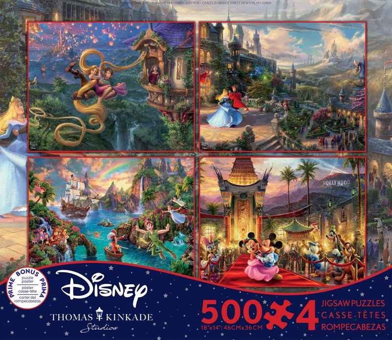Ceaco - 4 in 1 Multipack - Thomas Kinkade - Disney Dreams Collection - Tangled, Sleeping Beauty, Peter Pan, & Mickey and Minnie - (4) 500 Piece Jigsaw Puzzles, 18 x 14 - Image 1