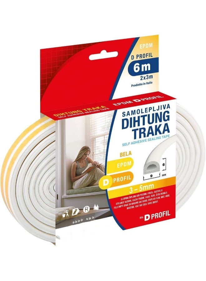 Poaker Weather Rubber Seal Weather Strip Foam Tape 6 Meter Epdm Foam Seal Door Window Anti-Collision Self-Adhesive Rubber High Strength Tape System Soundproofing Draft Stopper White D Shape - Image 1