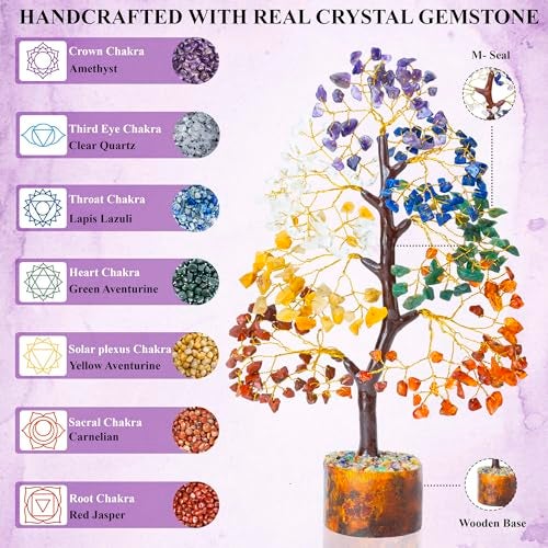 HindCraft Seven Chakra Crystal Tree for Good Luck & Positive Energy | Multicolor Golden Wire Bonsai Money Tree with Crystals & Gemstones | Perfect Home Décor & Gift Item - Image 3
