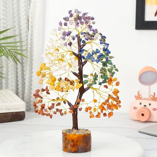 HindCraft Seven Chakra Crystal Tree for Good Luck & Positive Energy | Multicolor Golden Wire Bonsai Money Tree with Crystals & Gemstones | Perfect Home Décor & Gift Item - Image 1