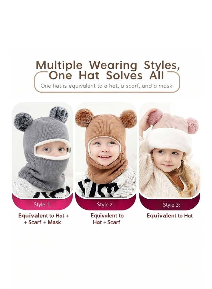 بير قبعة ووشاح شتوي للأطفال، قبعة بآذان الدب، مبطنة بالصوف، قبعة محبوكة للأطفال، قبعة بقبعة صغيرة، قبعة دافئة سهلة الارتداء، قبعة للأطفال، وشاح وقبعة للأولاد والبنات، مناسبة للأطفال من سن 2 إلى 7 سنوات (رمادي) - Image 3