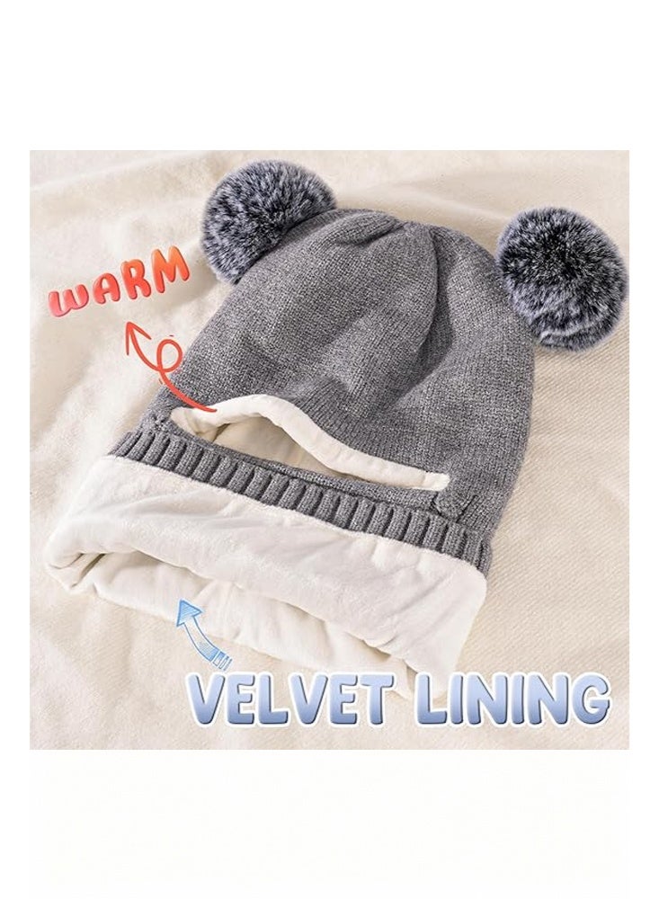بير قبعة ووشاح شتوي للأطفال، قبعة بآذان الدب، مبطنة بالصوف، قبعة محبوكة للأطفال، قبعة بقبعة صغيرة، قبعة دافئة سهلة الارتداء، قبعة للأطفال، وشاح وقبعة للأولاد والبنات، مناسبة للأطفال من سن 2 إلى 7 سنوات (رمادي) - Image 4
