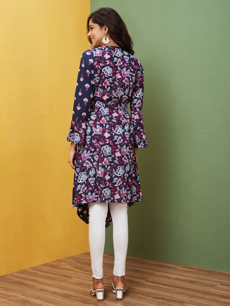 globus Women Navy Blue Floral Printed Flared Sleeves V-Neck Angrakha Cotton A-Line Kurta
