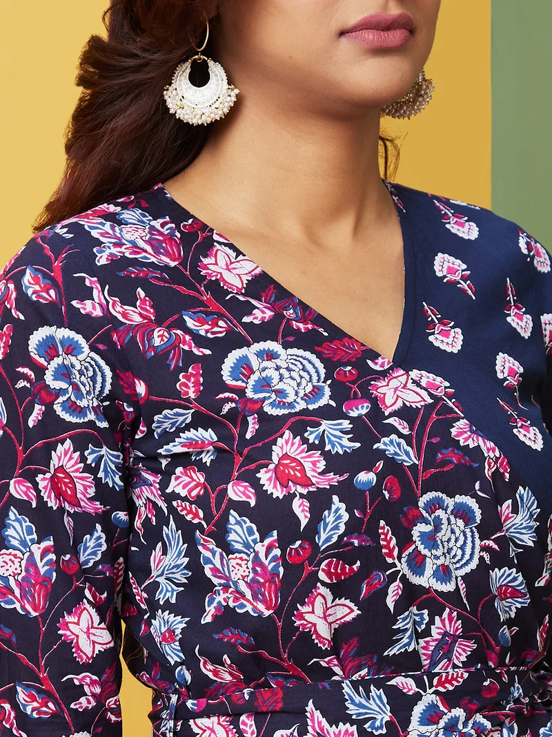 globus Women Navy Blue Floral Printed Flared Sleeves V-Neck Angrakha Cotton A-Line Kurta