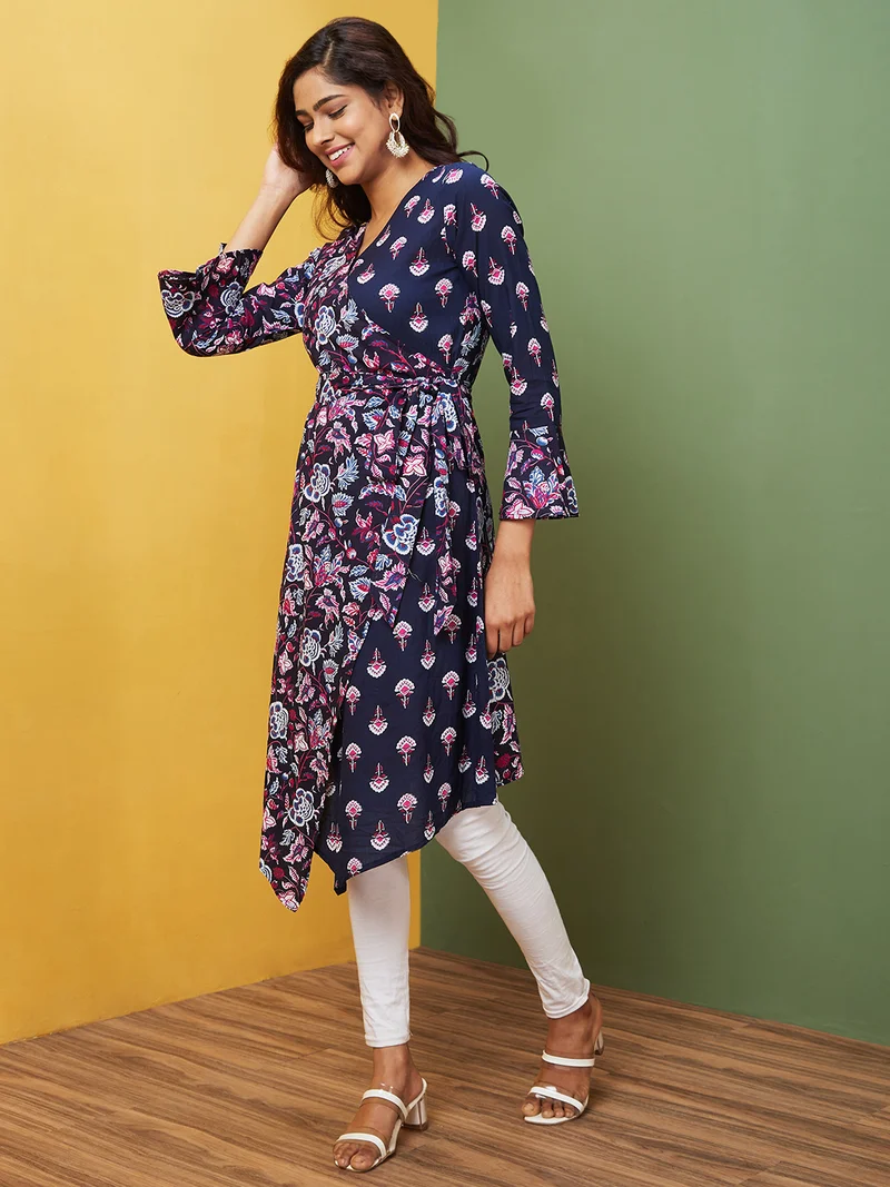 globus Women Navy Blue Floral Printed Flared Sleeves V-Neck Angrakha Cotton A-Line Kurta