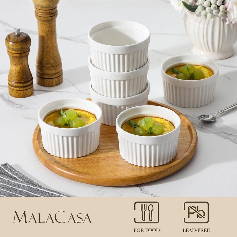 MALACASA , Ramekin Series, Set of 6 Creme Brulee Dishes, 380ml Souffle Moulds for Baking, Oven-safe Souffle Moulds, Ovenproof Creme Brulee Bowls, Mini Casserole Dish 11.5x6.5cm White - Image 3