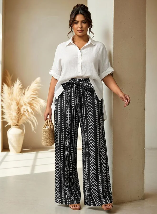 Take Two Plus Size Black and White Graphic Print Elastic Waist Palazzo Pants