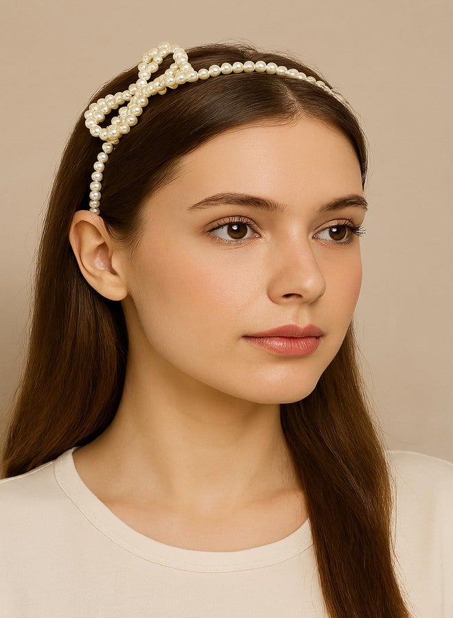 Neobaby Pearl Headband with Bow, White, Elegant Tiara Fashion Hair Accessory, Beaded Design for Girls & Women's (Pack of 2) (PEARL BOW 2 PCS) - Image 4