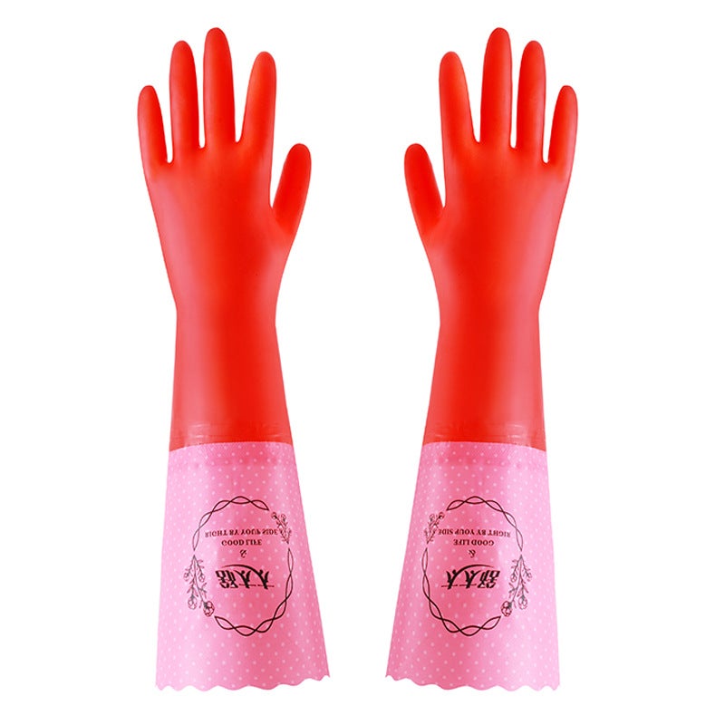 Thick Fleece-Lined Waterproof Rubber Gloves for Dishes and Cleaning Big Red Pink Dot with Velvet Wide Mouth Big Red Pink Dot with Velvet Wide Mouth