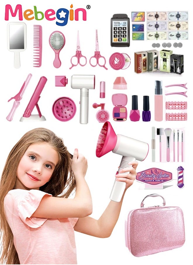 MEBEGIN 43PCS Beauty Salon Set with Realistic Hairdryer, Straightener, Mirror, Scissors and Other Styling Accessories, Girls Hair Salon Kit with Portable Travel Case, Complete Stylist Set for Girls, Play House Toys, Ideal Gift for Girls  - Image 1