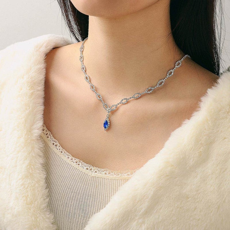 Unicra Silver Bride Wedding Jewelry Sets Blue Crystal Bridal Necklace Earrings Set Rhinestone Prom Costume Jewelry Set Choker Necklace for Women and Brides - Image 4