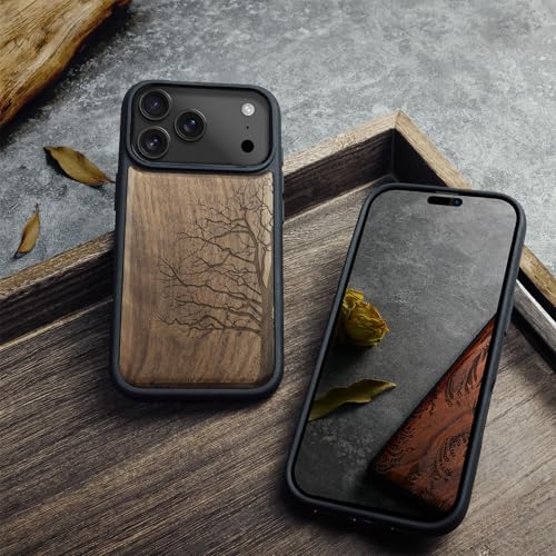 Carveit Magnetic Wooden Case for iPhone 17 Pro Max Case, Wood Artisan Engraved & Black Soft TPU Shockproof Cover, Compatible with MagSafe Wireless Chargers (The Bare Tree) Walnut - Image 4