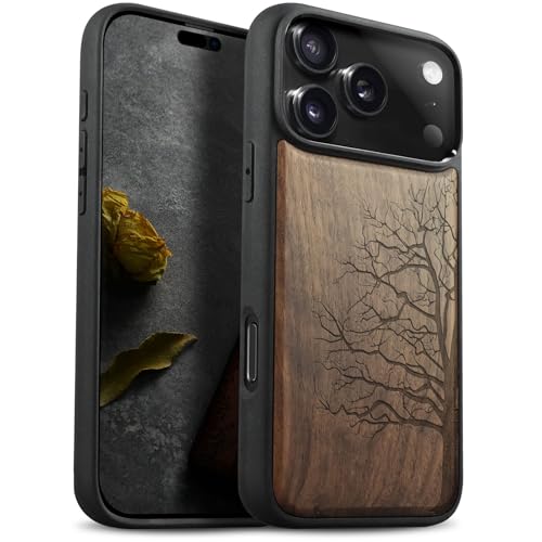 Carveit Magnetic Wooden Case for iPhone 17 Pro Max Case, Wood Artisan Engraved & Black Soft TPU Shockproof Cover, Compatible with MagSafe Wireless Chargers (The Bare Tree) Walnut - Image 1