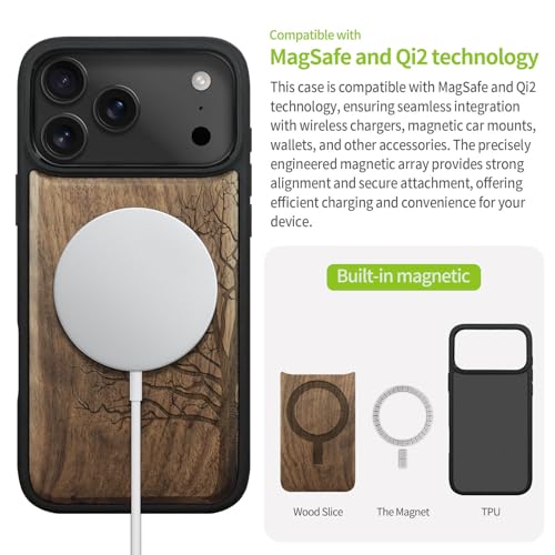 Carveit Magnetic Wooden Case for iPhone 17 Pro Max Case, Wood Artisan Engraved & Black Soft TPU Shockproof Cover, Compatible with MagSafe Wireless Chargers (The Bare Tree) Walnut - Image 5