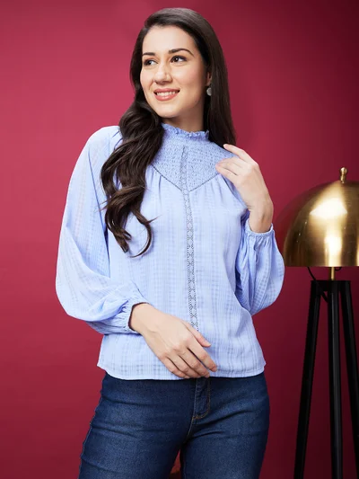 globus Women Blue Checked Cuffed Sleeves Smocked Georgette Top