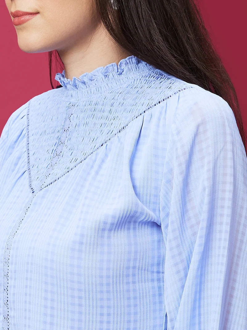 globus Women Blue Checked Cuffed Sleeves Smocked Georgette Top