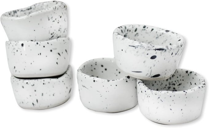 CERAMIC STONEWARE MINI PINCH BOWLS SET OF 6 HANDMOLDED ARTISANAL SPECKLED WHITE PERFECT FOR GOURMET SALT PEPPER SPICES AND SEASONING CUTE AND ELEGANT KITCHEN ADDITION