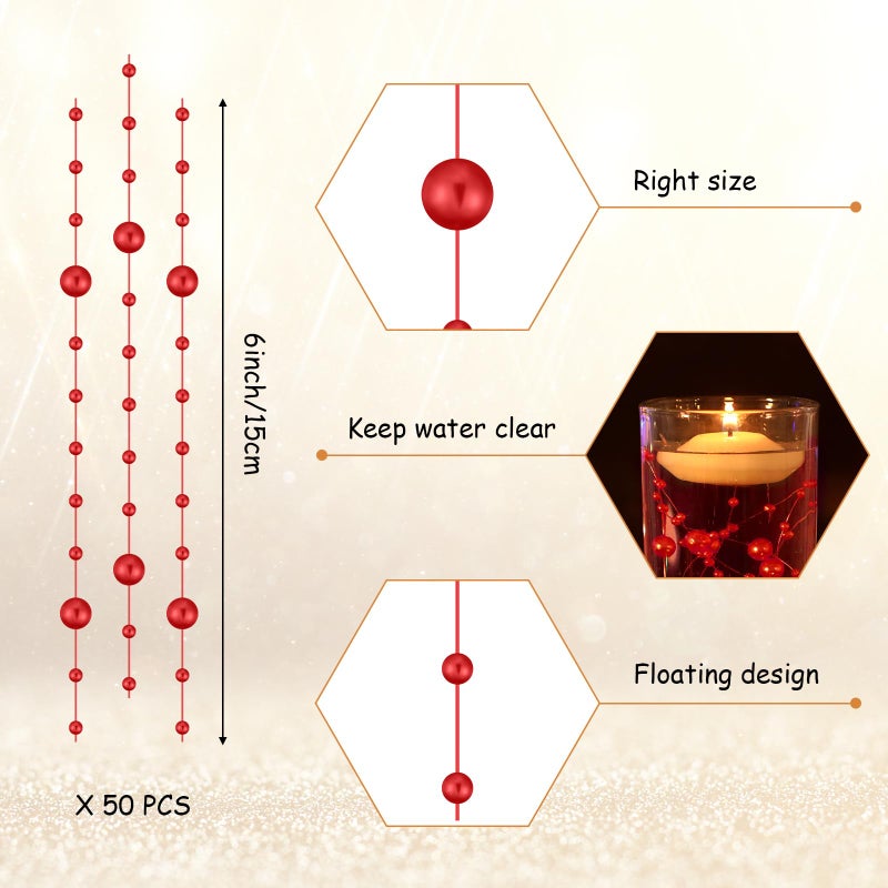 Nuanchu 50 Pieces Artificial Pearl String for Floating Candles 6 Inch Pearl String Vase Fillers Floating Candles Centerpiece for Valentine Gift Holidays Wedding Dinning Table Party Decor(Red) - Image 2