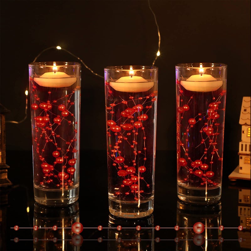 Nuanchu 50 Pieces Artificial Pearl String for Floating Candles 6 Inch Pearl String Vase Fillers Floating Candles Centerpiece for Valentine Gift Holidays Wedding Dinning Table Party Decor(Red) - Image 1