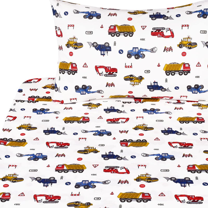 J-pinno Building Construction Car Truck Digger Transport Vehicle Twin 100% Cotton 3 Pieces Sheet Set for Kids Girls Children, Flat Sheet + Fitted Sheet + Pillowcase Bedding Decoration Gift Set - Image 1