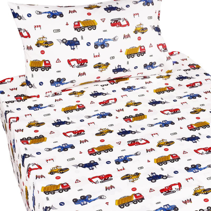 J-pinno Building Construction Car Truck Digger Transport Vehicle Twin 100% Cotton 3 Pieces Sheet Set for Kids Girls Children, Flat Sheet + Fitted Sheet + Pillowcase Bedding Decoration Gift Set - Image 2