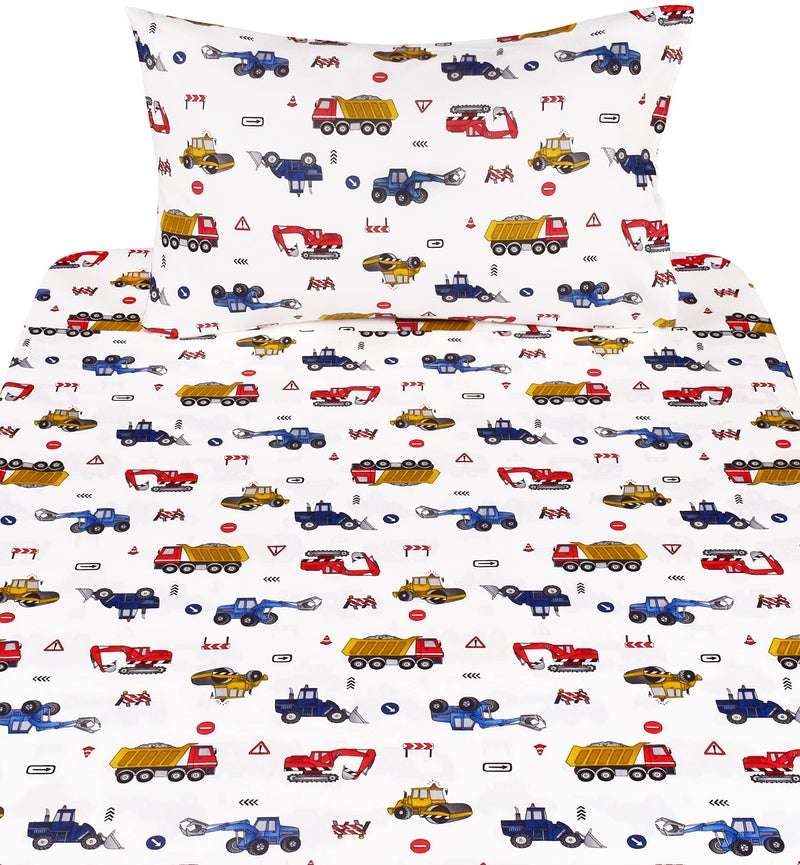 J-pinno Building Construction Car Truck Digger Transport Vehicle Twin 100% Cotton 3 Pieces Sheet Set for Kids Girls Children, Flat Sheet + Fitted Sheet + Pillowcase Bedding Decoration Gift Set - Image 3