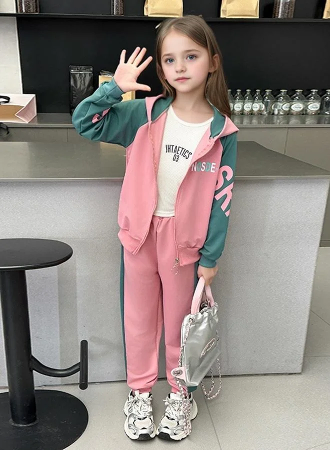 Take Two Take Two Girls Pink Color Block Hooded Jacket and Joggers Set