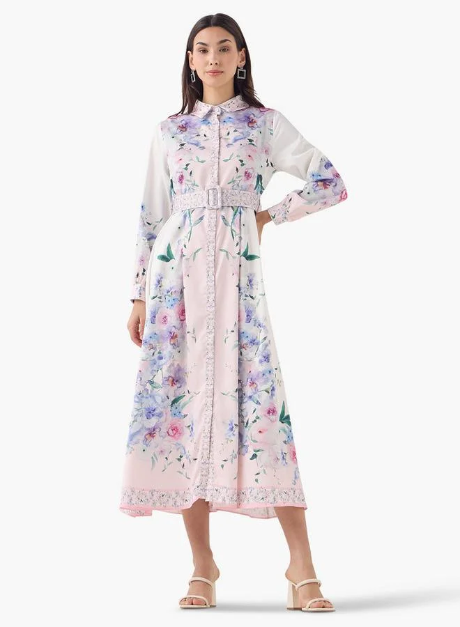 2Xtremz 2Xtremz Floral Print Midi Shirt Dress with Long Sleeves and Belt