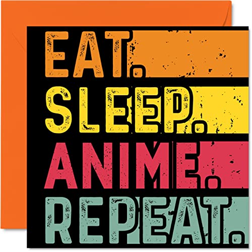 Stuff4 Birthday Card Funny for Her or Him - Eat, Sleep, Anime, Repeat - Happy Birthday Cards for Manga Japanese Animation Lovers Gifts, 5.7 x 5.7 Inch Birthday Greeting Cards for All Occasions Kids or Adult - Image 1