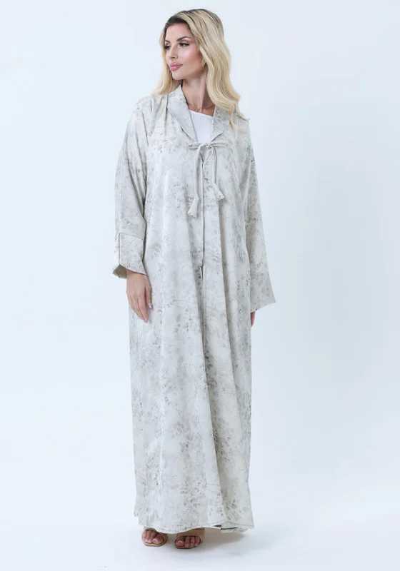 MSquare Fashion Premium Floral Print Abaya with Collar Detail - Elegant Cream & Gray with Headscarf